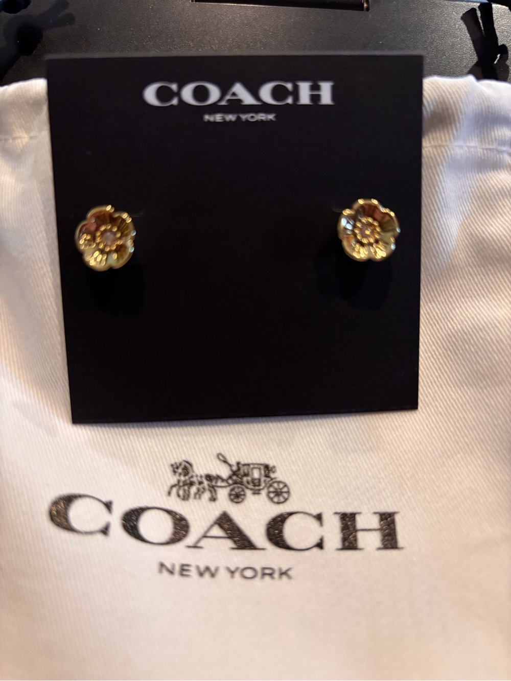 NWT Coach Gold Tea Rose Stud Earrings with Crystal Centers - Picture 3 of 3